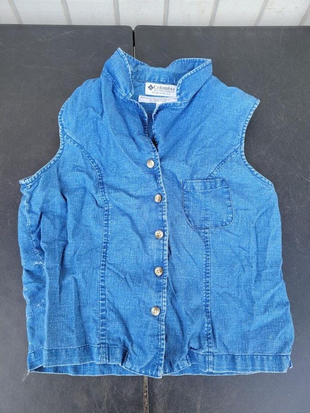Columbia Vest Womens Medium Blue Denim Linen Blend Button Front Sleeveless